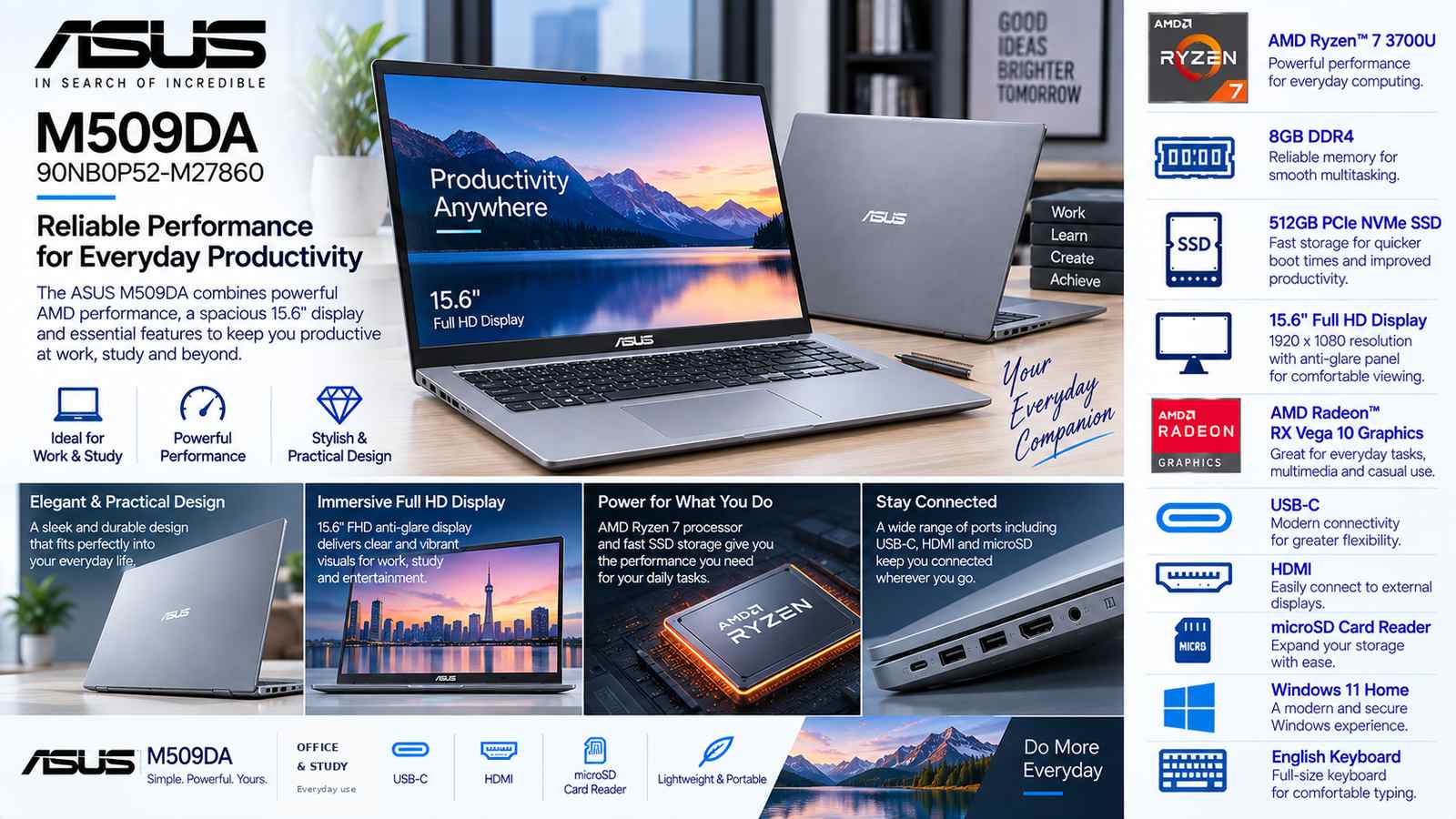 ASUS M509DA 90NB0P52-M27860 Laptop, AMD Ryzen 7 3700U, 8GB DDR4-2400, 512GB PCIe NVMe SSD, 15.6-inch FHD 60Hz Display, Radeon RX Vega 10 Graphics, Windows 11 Home, English Keyboard